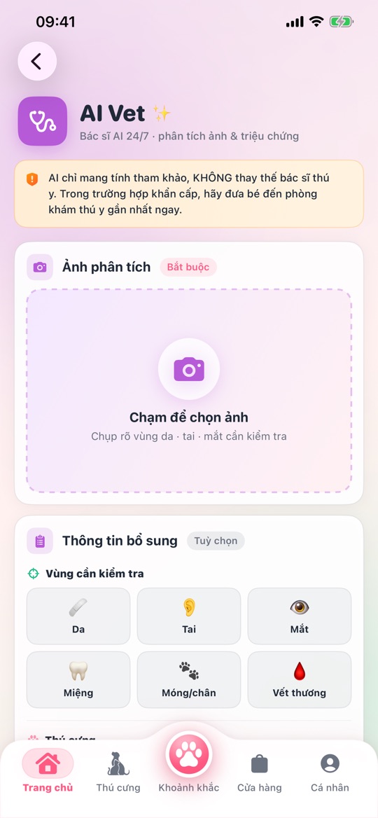 Màn hình AI Vet: chọn ảnh và vùng cần kiểm tra như da, tai, mắt, miệng, móng chân, vết thương